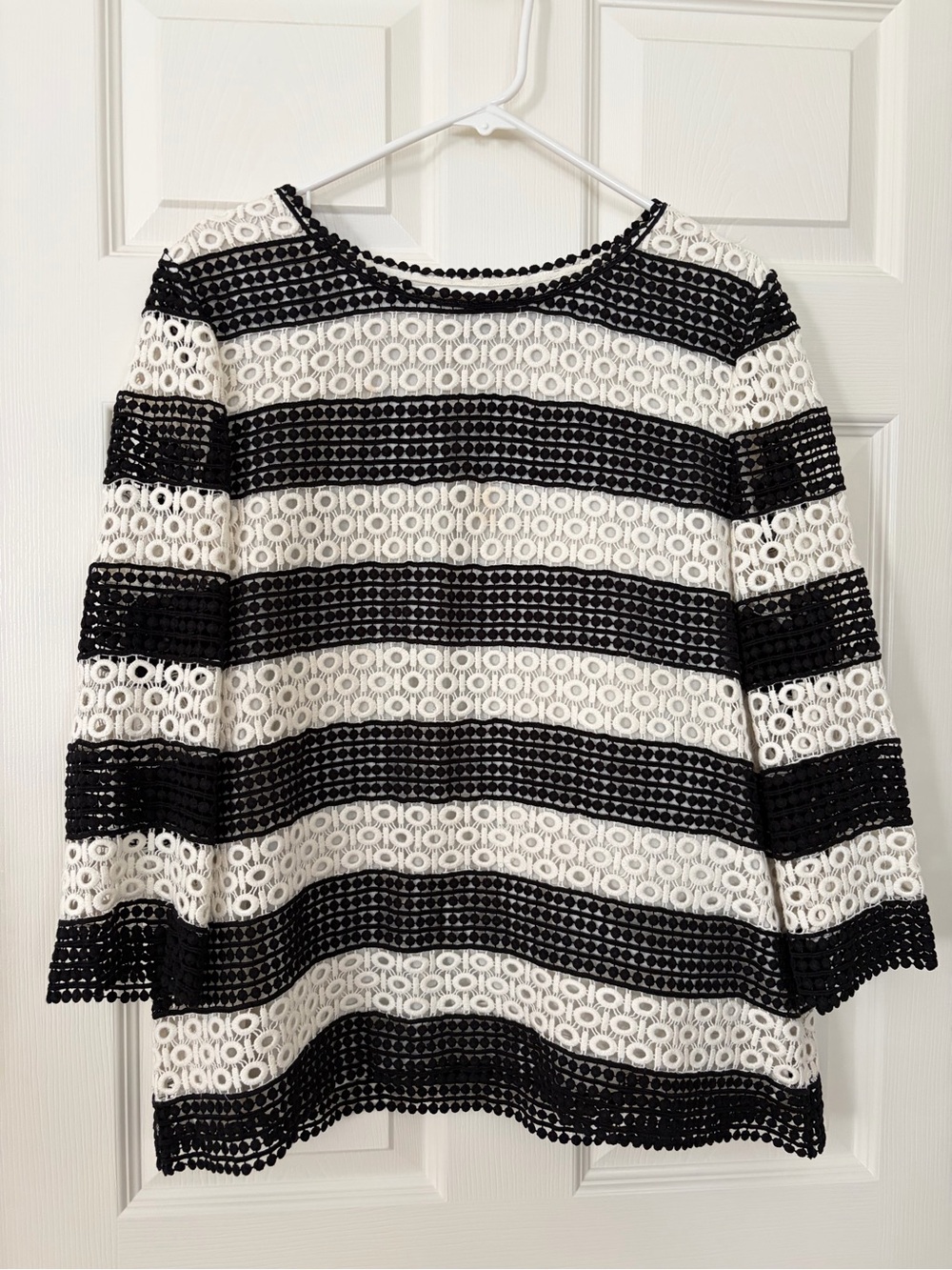 Talbots Black and White Striped Lace Top